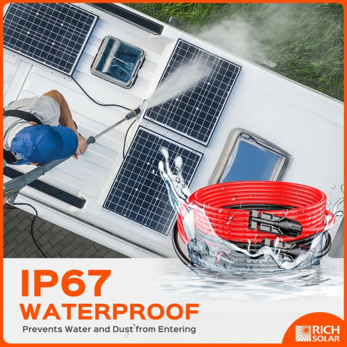 Rich Solar RS-15102 10 Gauge (10AWG) 15 Ft Solar Panel Extension Cable Wire displaying its IP67 Waterproof Rated feature