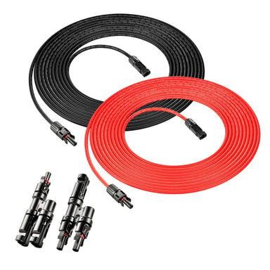 Rich Solar RS-30102T2 10 Gauge 30Ft Extension Cable & Parallel Connectors displaying its 30 Feet black and red solar extension cables and its Y branch parallel connector 2 to 1 endings