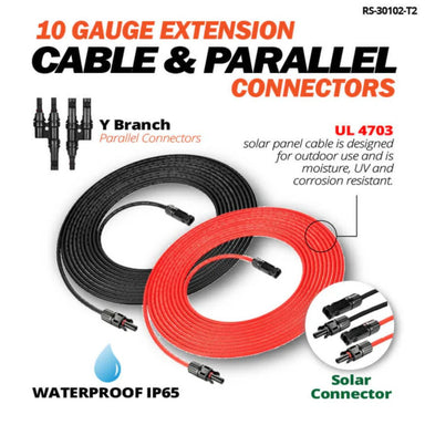 Rich Solar RS-30102T2 10 Gauge 30Ft Extension Cable & Parallel Connectors featuring its main product features like UL-4503 Certified and Waterproof IP65 Rated