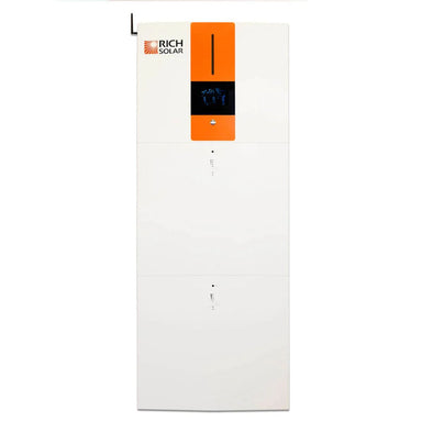 Rich Solar RS-A10 All-in-One Energy Storage System displaying its white and orange color scheme with its LCD display on the upper panel of the product