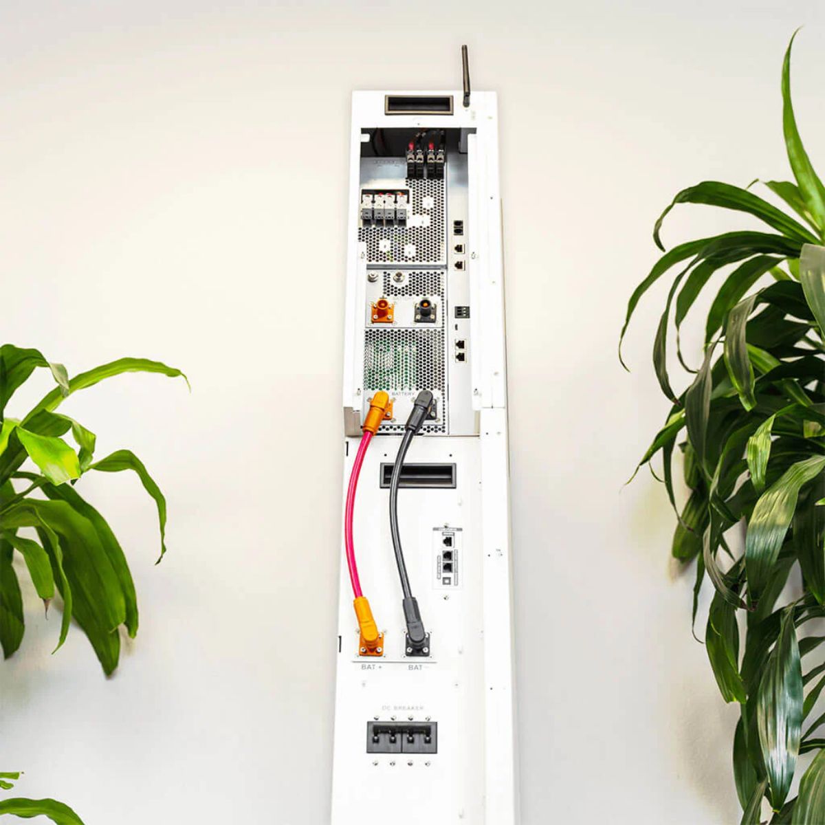 Rich Solar RS-A10 All-in-One Energy Storage System displaying what's inside the side panel with ports and connector wires