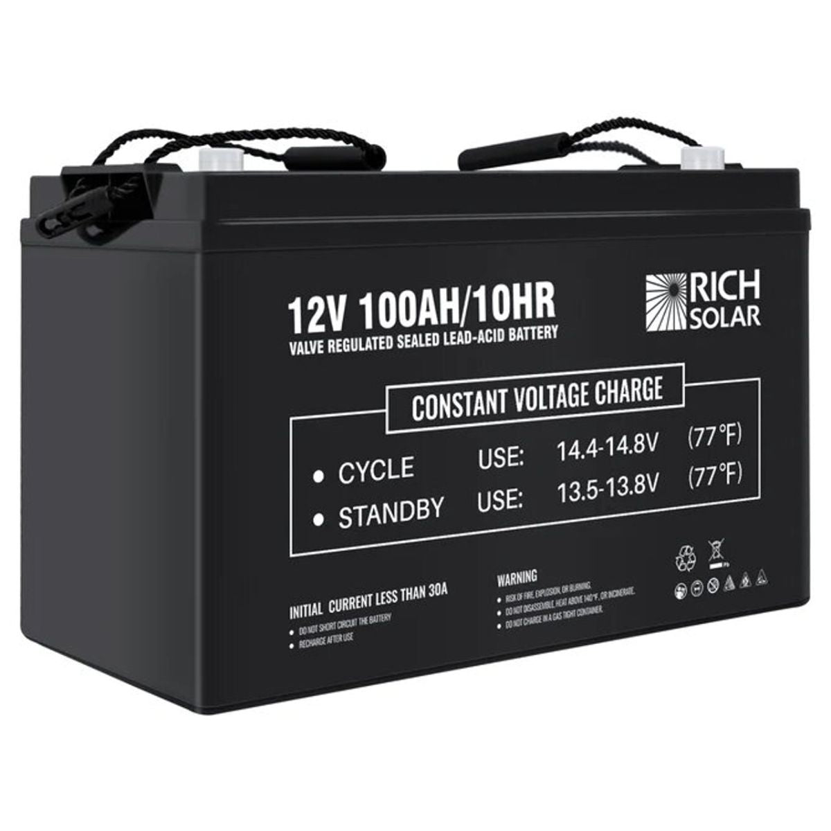 Tilted left side view of Rich Solar RS-AGM12100 100Ah-12V Deep Cycle AGM Battery