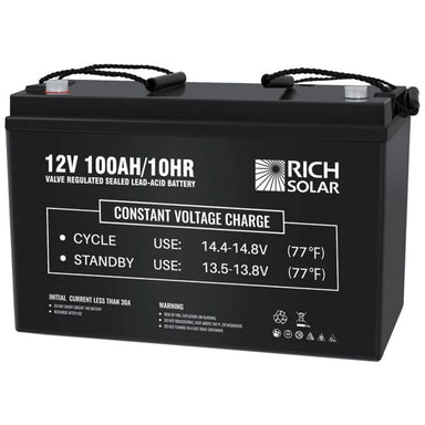 Rich Solar RS-AGM12100 100Ah-12V Deep Cycle AGM Battery displaying its all black color scheme and the rich solar logo at the upper right side of the battery