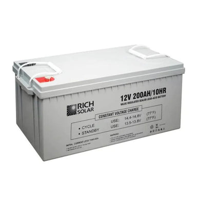 Rich Solar RS-AGM12200 200Ah-12V Deep Cycle AGM Battery displaying its sturdy build and all white color scheme