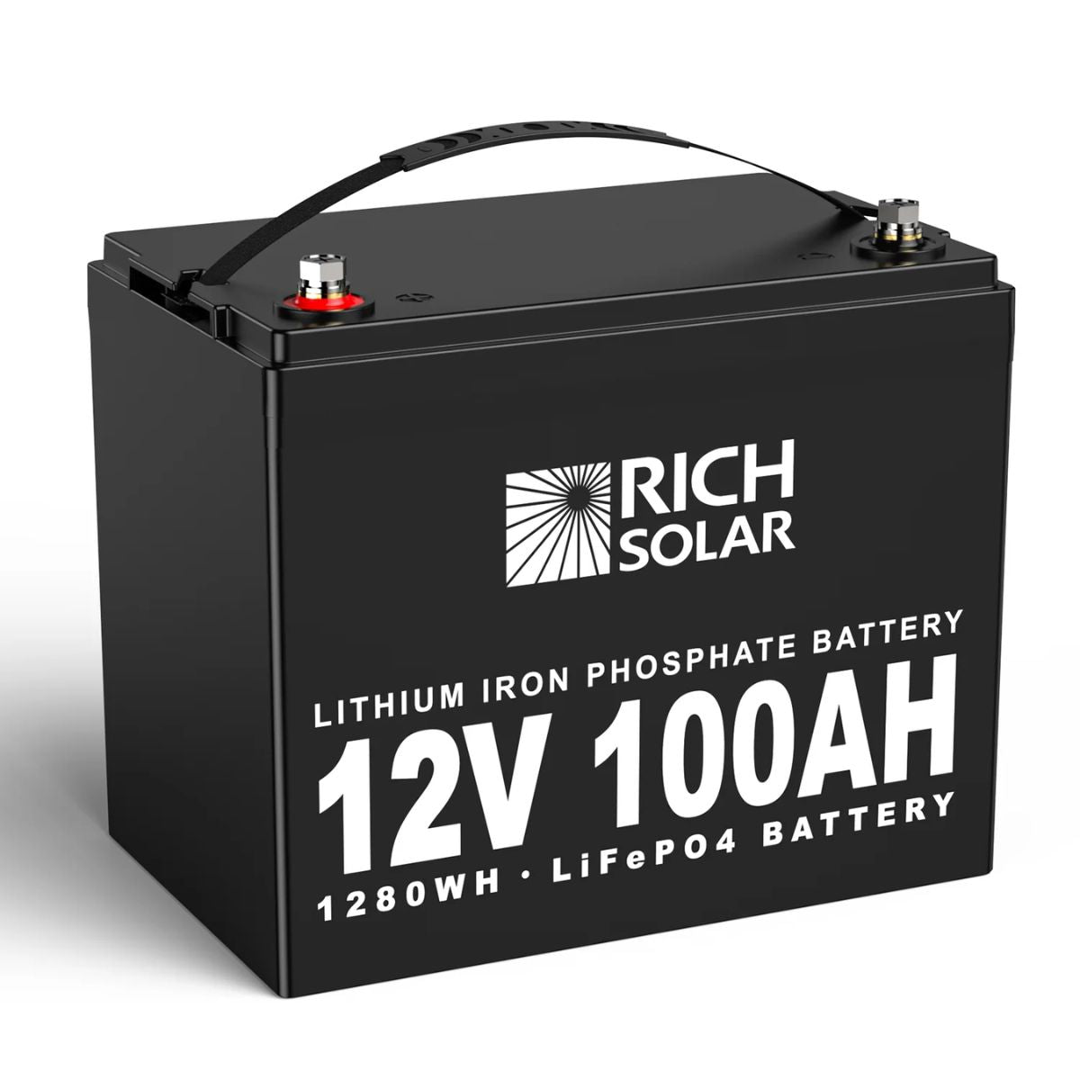 Rich Solar RS-B12100 100Ah-12V LiFePO4 Lithium Iron Phosphate Battery displaying its all black color scheme and its Rich Solar logo at the center of the front panel with its positive and negative inverter terminals at the top of the device