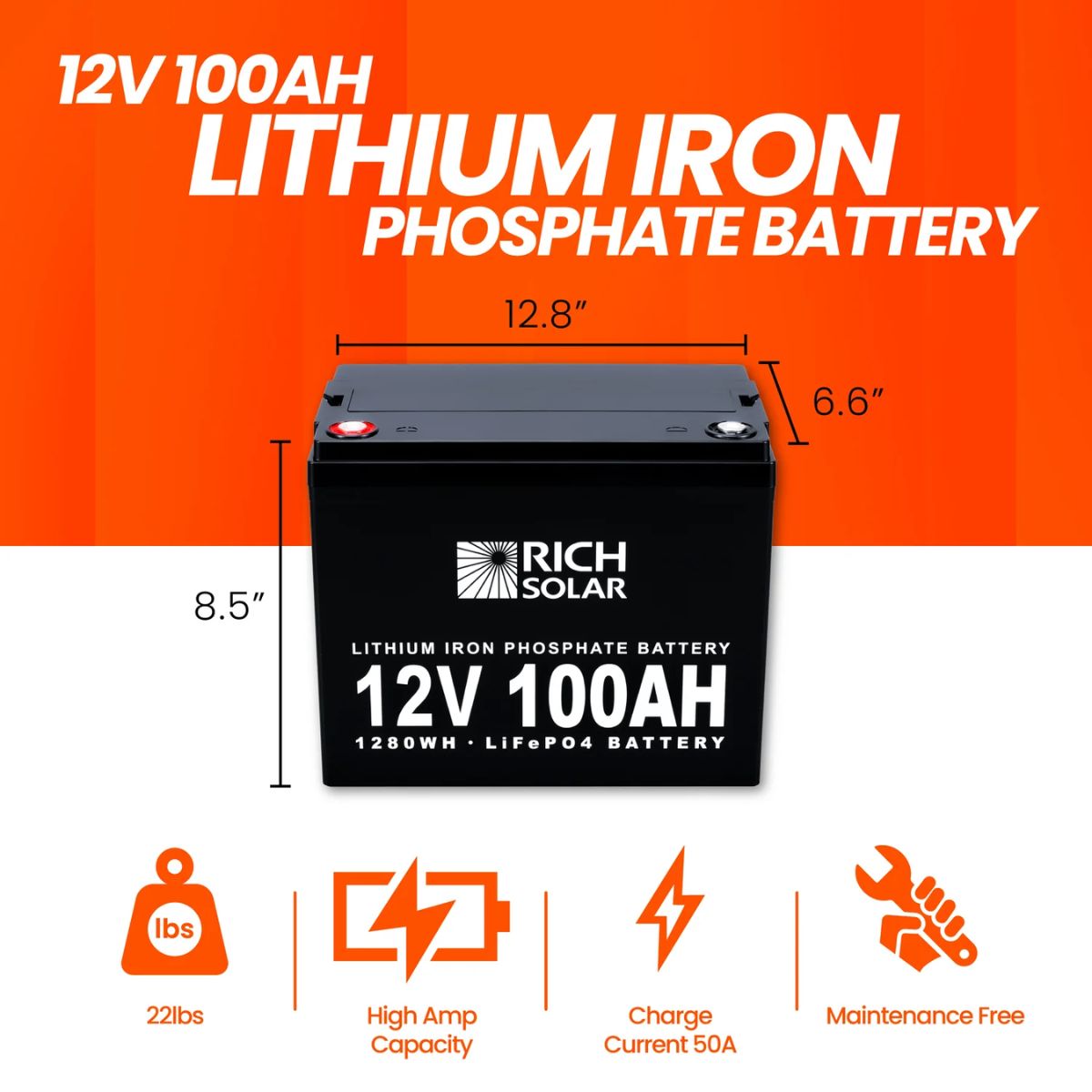 Rich Solar RS-B12100 100Ah-12V LiFePO4 Lithium Iron Phosphate Battery displaying its product dimensions and main product features