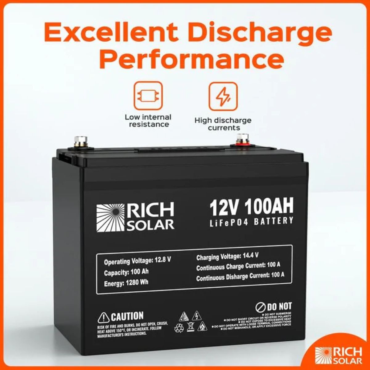 Rich Solar RS-B12100 100Ah-12V LiFePO4 Lithium Iron Phosphate Battery featuring its excellent discharge performance