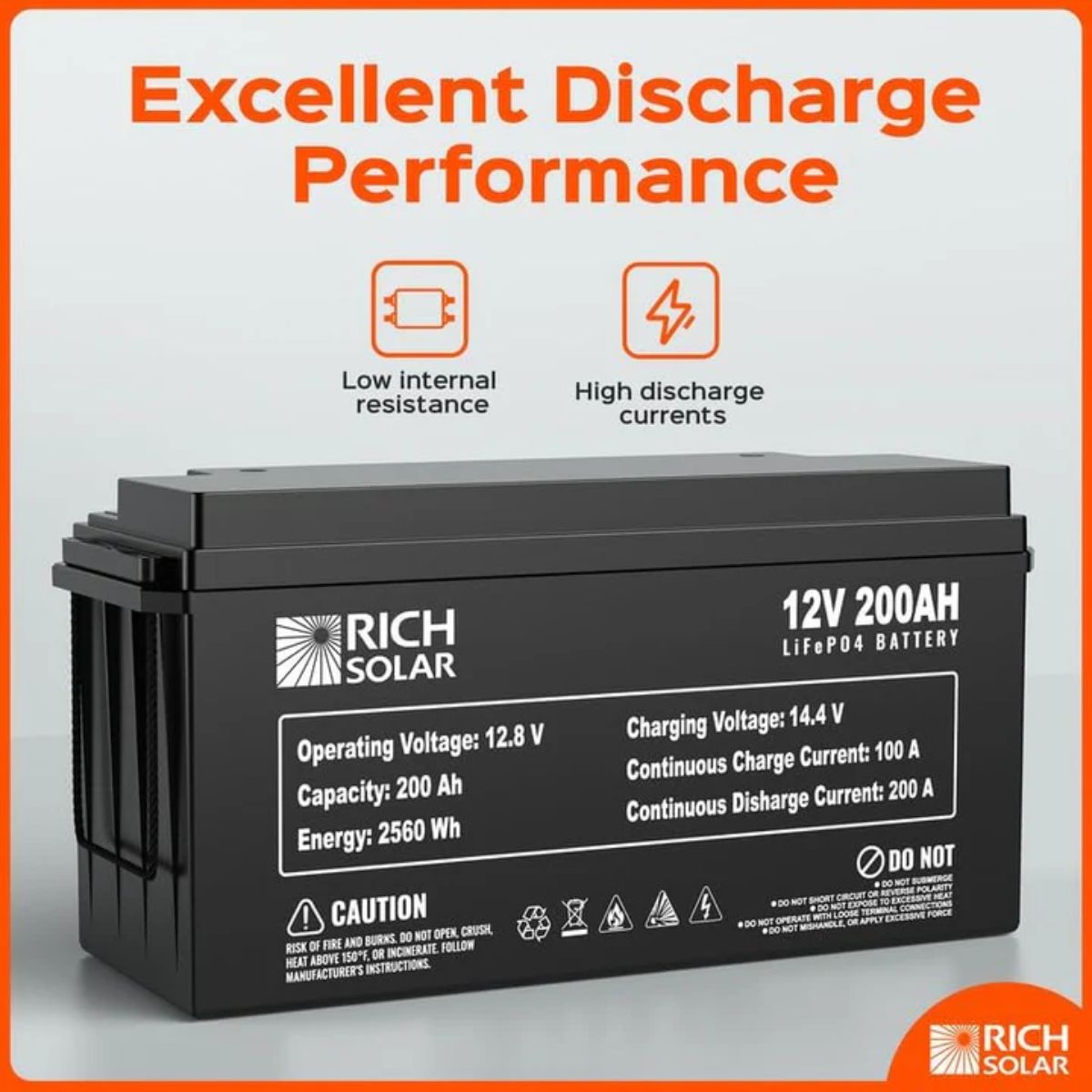 Rich Solar RS-B12200 200Ah-12V LiFePO4 Lithium Iron Phosphate Battery featuring its excellent discharge performance features