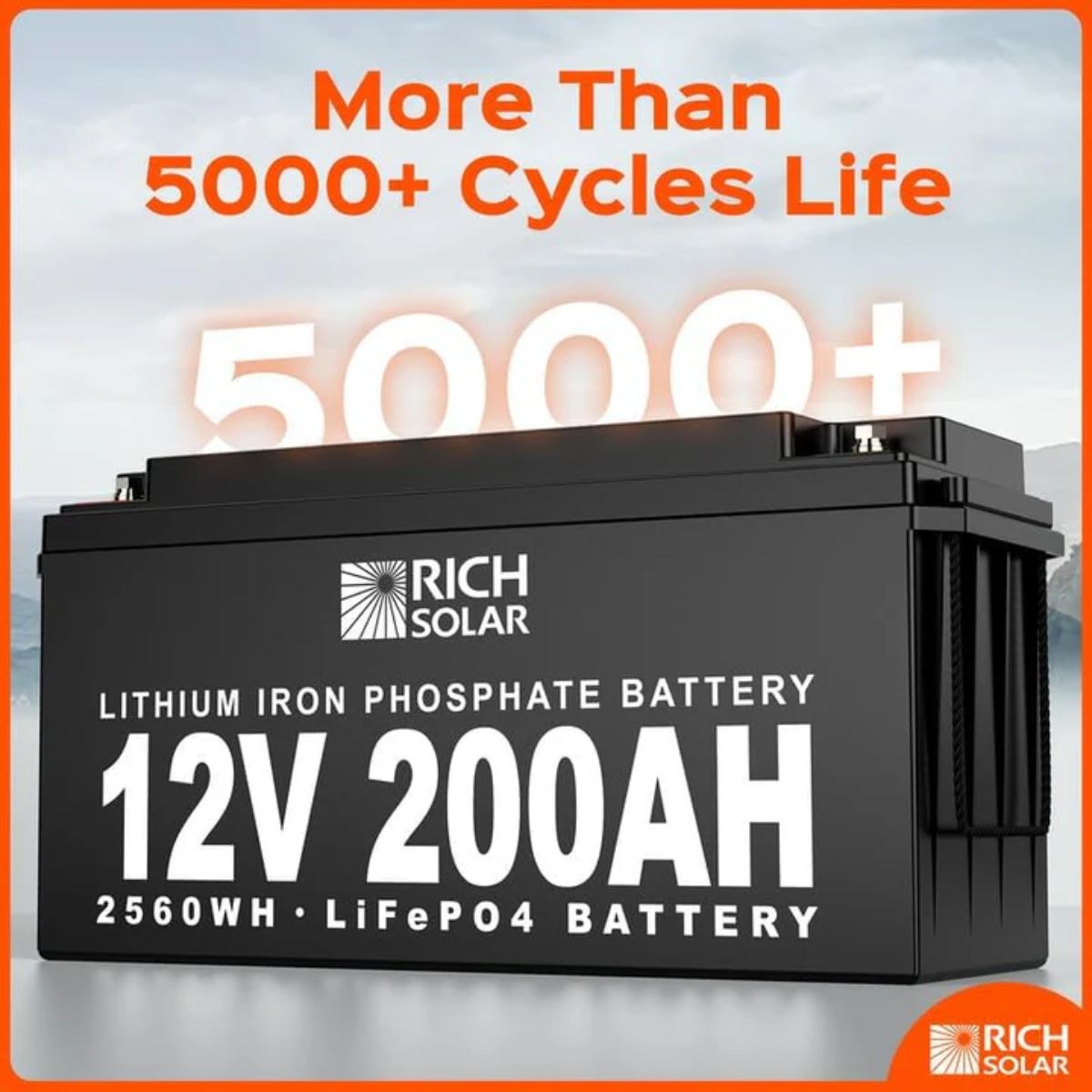 Rich Solar RS-B12200 200Ah-12V LiFePO4 Lithium Iron Phosphate Battery displaying its more than 5000+ cycles life