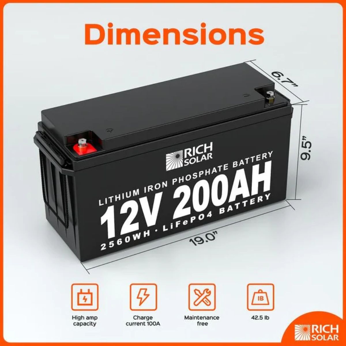 Rich Solar RS-B12600 600Ah-12V Lithium Battery Bank displaying its product dimensions and product features