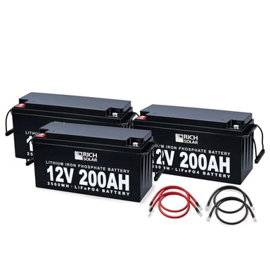 Rich Solar RS-B12600 600Ah-12V Lithium Battery Bank featuring 3 200Ah-12V lithium batteries and 4x1ft 2 AWG Battery Cables