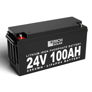 Rich Solar RS-B24100 24V-100Ah LiFePO4 Lithium Battery displaying its all black color scheme and durable build