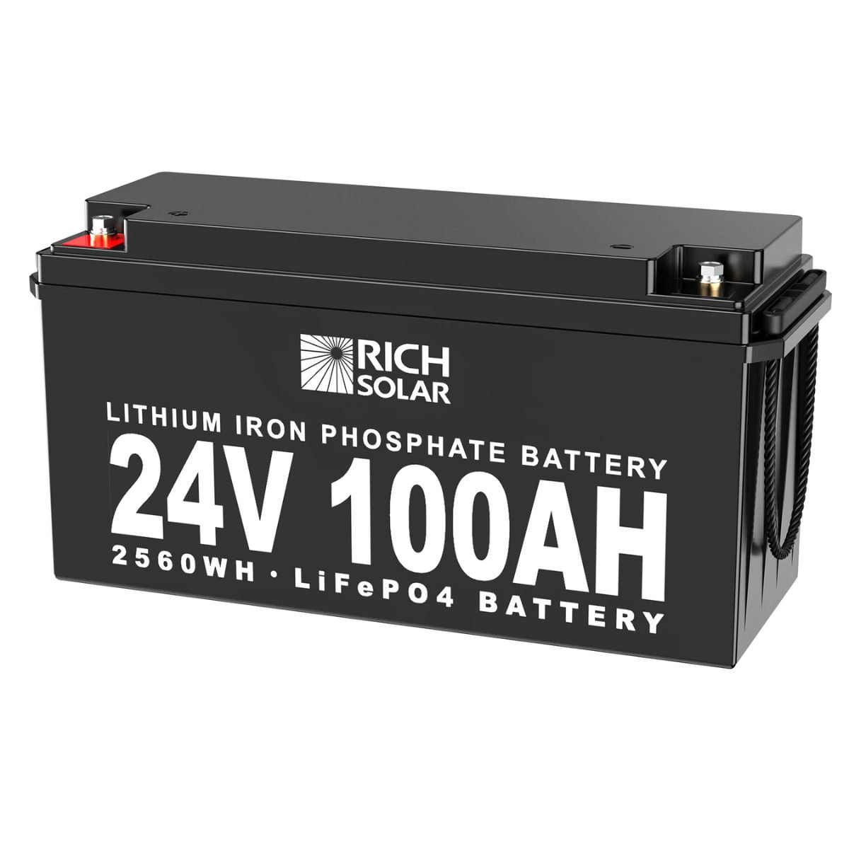 Slightly tilted to the right side view of the front of Rich Solar RS-B24100 24V-100Ah LiFePO4 Lithium Battery