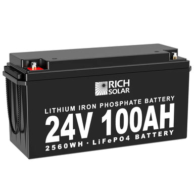 Slightly tilted to the left side view of the front of Rich Solar RS-B24100 24V-100Ah LiFePO4 Lithium Battery