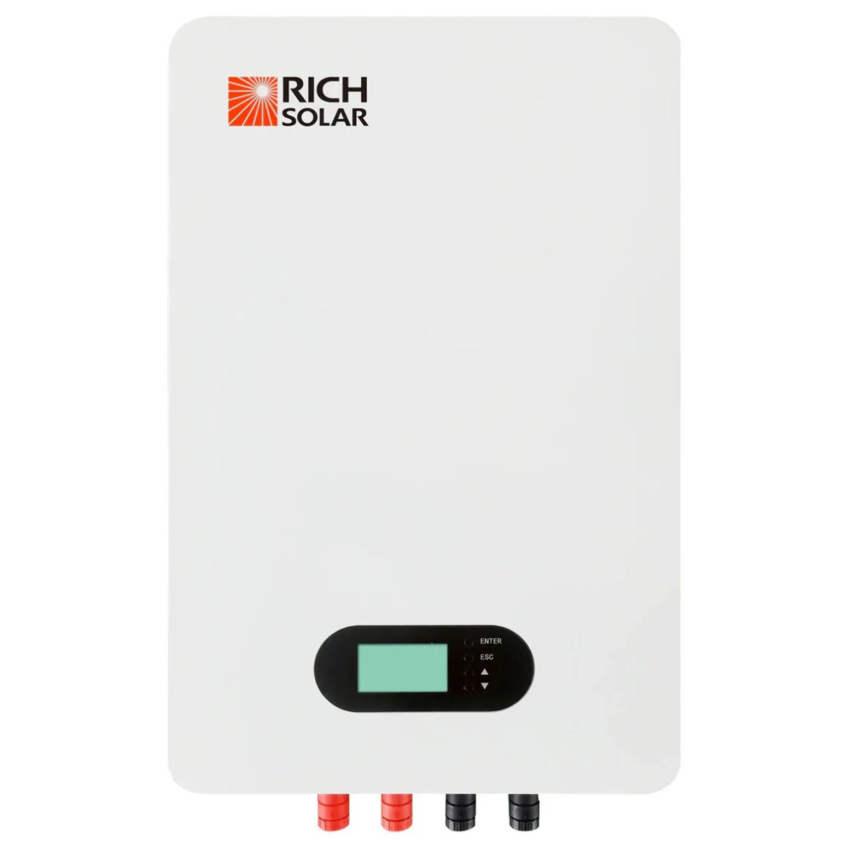 Rich Solar RS-B48100 Alpha 5 Powerwall Lithium Iron Phosphate Battery displaying its all white color scheme and the Rich Solar design logo at the upper left of the device. Also, at the lower part of the device is the LCD display and the ports at the bottom.