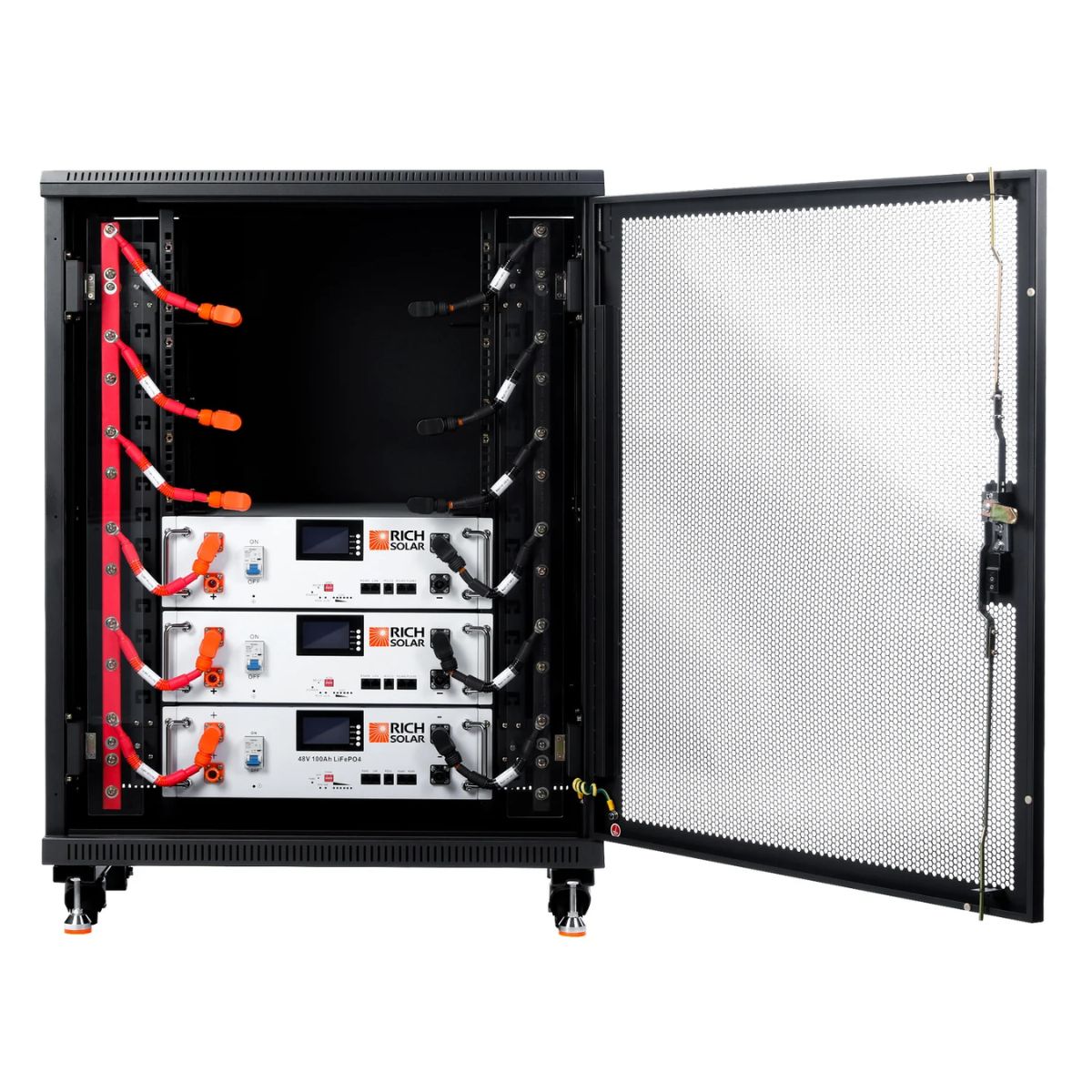 3 pieces of Rich Solar RS-B48100SR 100Ah-48V LiFePO4 Lithium Server Rack Battery stacked together into a battery rack cabinet