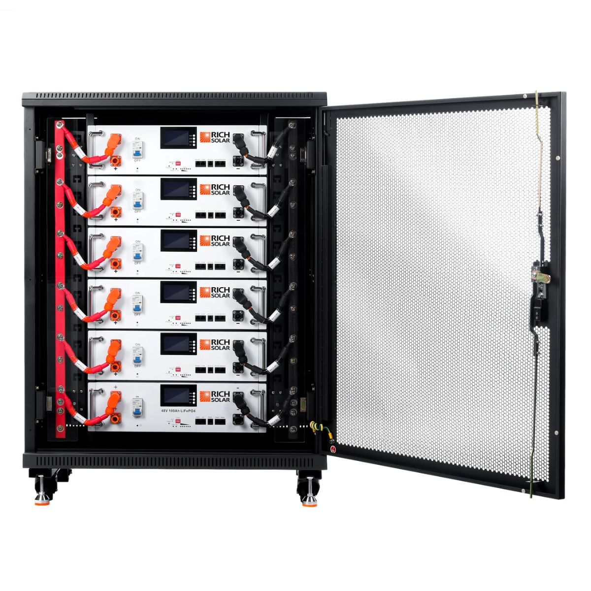 6 pieces of Rich Solar RS-B48100SR 100Ah-48V LiFePO4 Lithium Server Rack Battery stacked together into a battery rack cabinet