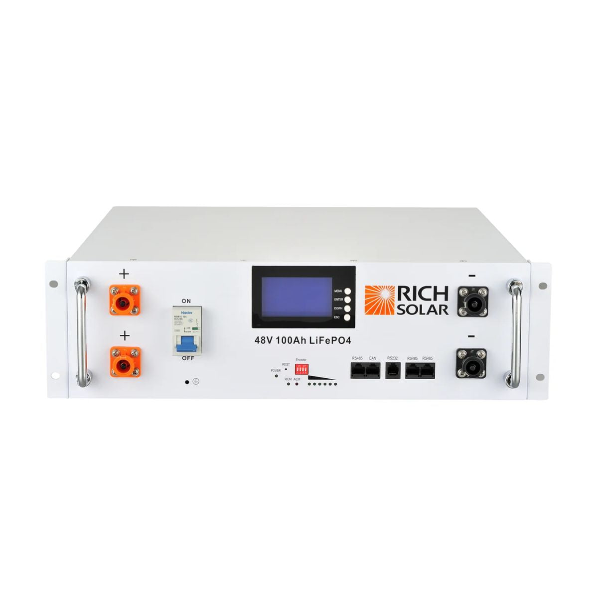 Rich Solar RS-B48100SR 100Ah-48V LiFePO4 Lithium Server Rack Battery to left featuring its all white color scheme with its LCD display at the center of the front panel