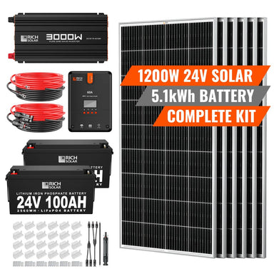 Rich Solar RS-CK1200 1200W-24V Complete Solar Kit featuring its Solar and Battery capacity