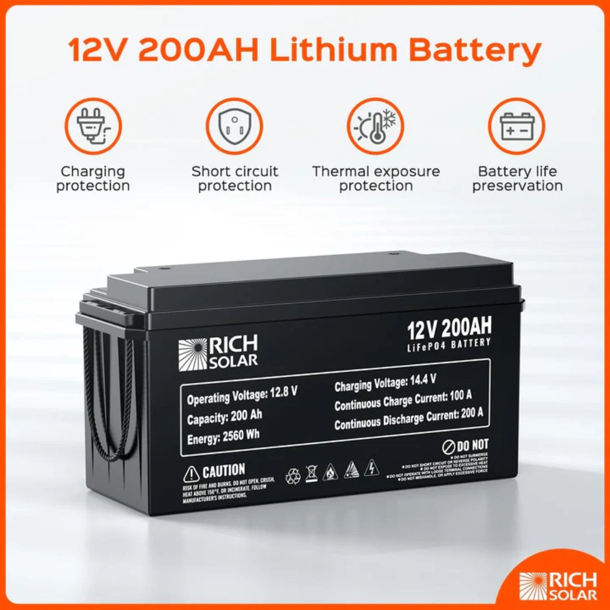 Rich Solar RS-CK1200 1200W-24V Complete Solar Kit featuring its 12V 200Ah Lithium Battery's key features