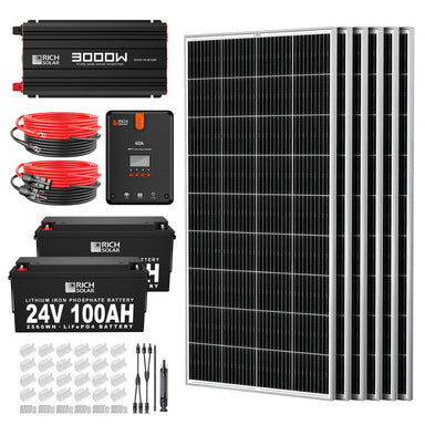 Rich Solar RS-CK1200 1200W-24V Complete Solar Kit featuring its 3000W-24V Solar Pure Sine Wave Inverter, 6x 200W 12V Panels, 60A MPPT Charge Controller, 2x 100AH 24V Lithium Battery and other accesories