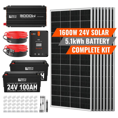 Rich Solar RS-CK1600 1600W-24V Complete Solar Kit featuring its Solar and Battery capacity
