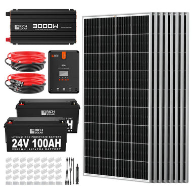Rich Solar RS-CK1600 1600W-24V Complete Solar Kit featuring its 3000W-24V Solar Pure Sine Wave Inverter, 8x 200W 12V Panels, 60A MPPT Charge Controller, 2x 100AH 24V Lithium Battery and other accesories