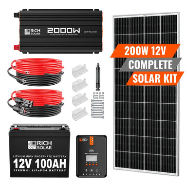 Rich Solar RS-CK200 200W-12V Complete Solar Kit featuring its Solar and Battery capacity