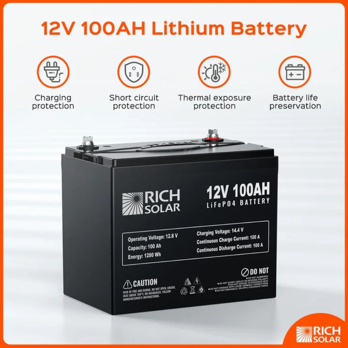 Rich Solar RS-CK200 200W-12V Complete Solar Kit featuring its 12V 100Ah Lithium Battery's key features