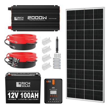 Rich Solar RS-CK200 200W-12V Complete Solar Kit featuring its 1500W-12V Solar Pure Sine Wave Inverter, 1 x 200W 12V Panels, 20A MPPT Charge Controller, a 100AH 12V Lithium Battery and other accesories