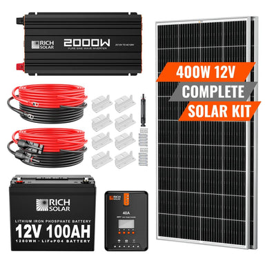 Rich Solar RS-CK400 400W-12V Complete Solar Kit featuring its Solar and Battery capacity