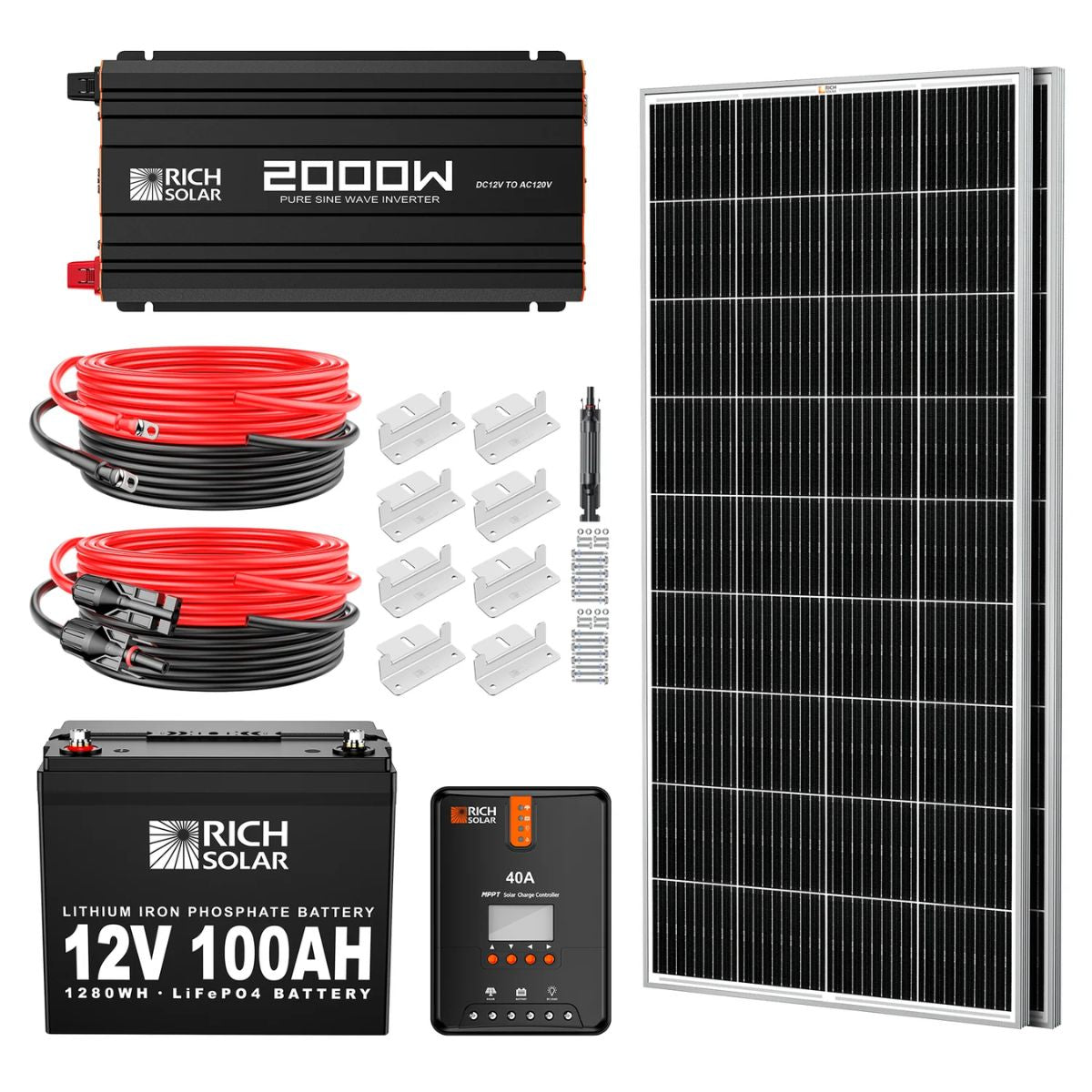 Rich Solar RS-CK400 400W-12V Complete Solar Kit featuring its 2000W-12V Solar Pure Sine Wave Inverter, 2 x 200W 12V Panels, 40A MPPT Charge Controller, a 100AH 12V Lithium Battery and other accesories