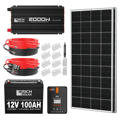 Rich Solar RS-CK400 400W-12V Complete Solar Kit featuring its 2000W-12V Solar Pure Sine Wave Inverter, 2 x 200W 12V Panels, 40A MPPT Charge Controller, a 100AH 12V Lithium Battery and other accesories