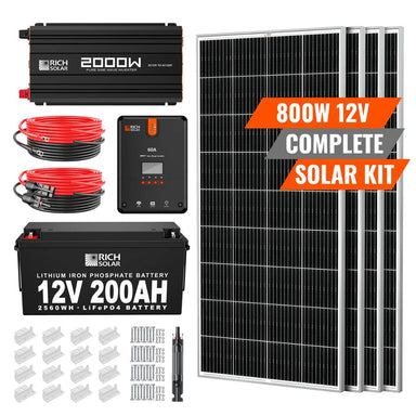 Rich Solar RS-CK800 800W-12V Complete Solar Kit featuring its Solar and Battery capacity
