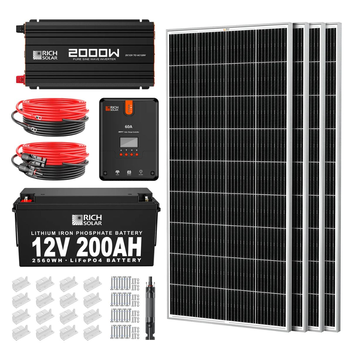 Rich Solar RS-CK800 800W-12V Complete Solar Kit featuring its 2000W-12V Solar Pure Sine Wave Inverter, 4 x 200W 12V Panels, 60A MPPT Charge Controller, a 200AH 12V Lithium Battery and other accesories