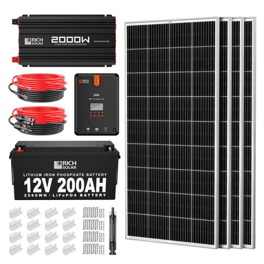 Rich Solar RS-CK800 800W-12V Complete Solar Kit featuring its 2000W-12V Solar Pure Sine Wave Inverter, 4 x 200W 12V Panels, 60A MPPT Charge Controller, a 200AH 12V Lithium Battery and other accesories