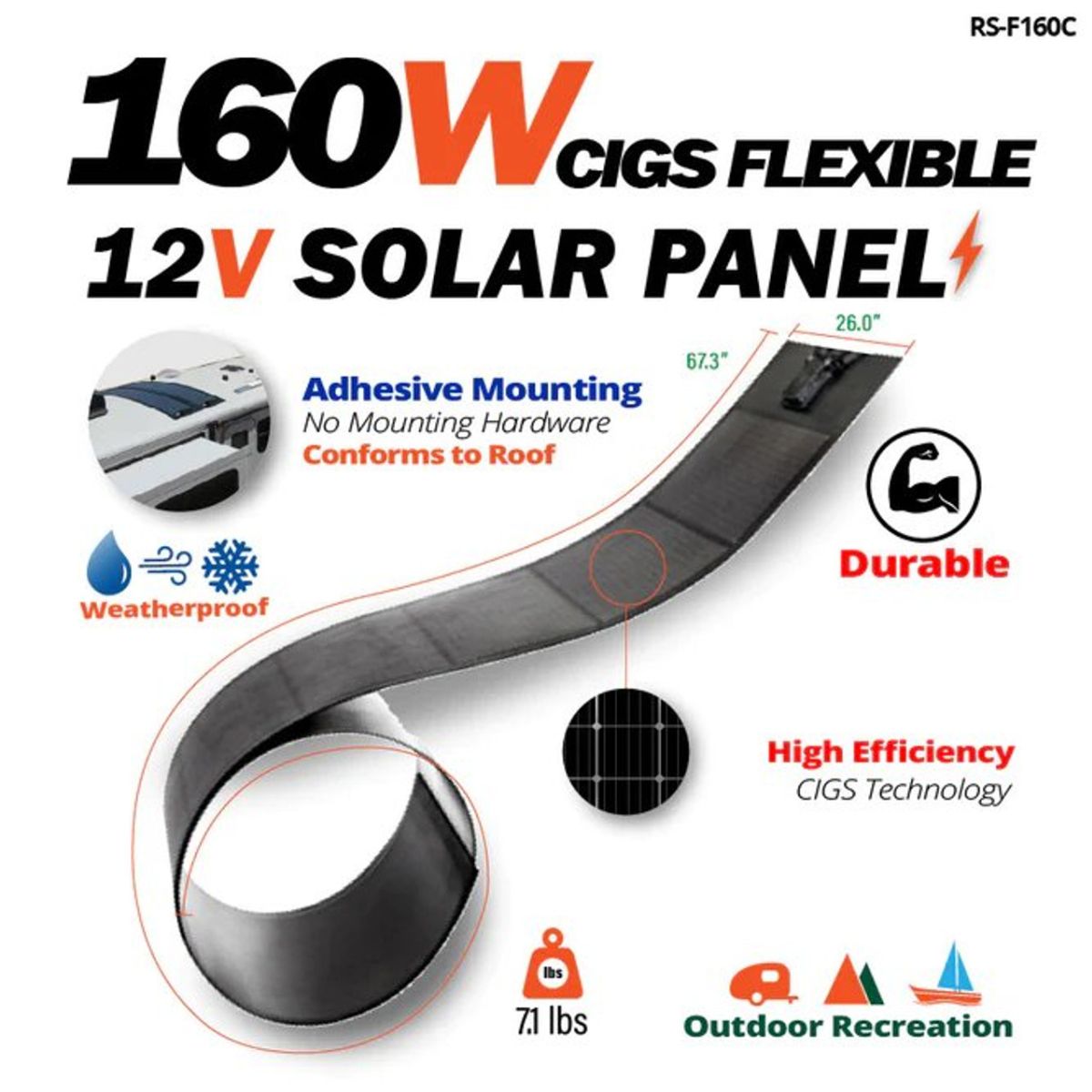 Rich Solar RS-F160C Mega 160W CIGS Flexible Solar Panel featuring its main product features