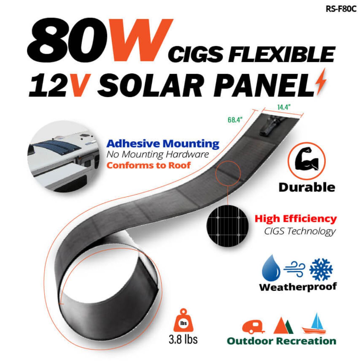 Rich Solar RS-F80C Mega 80W CIGS Flexible Solar Panel featuring its main product features