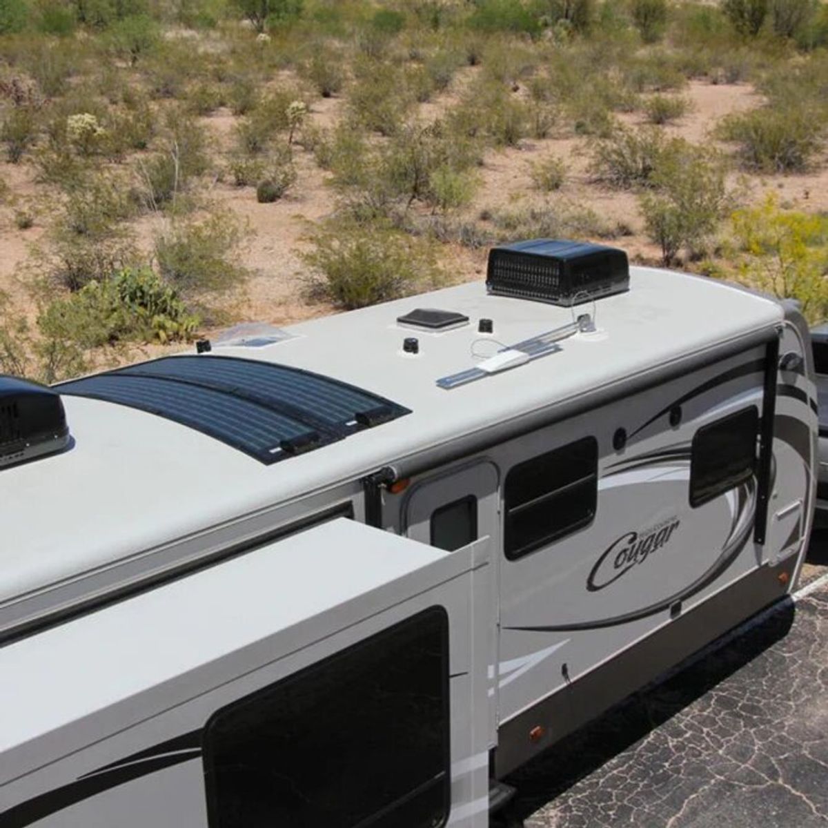 Rich Solar RS-F80C Mega 80W CIGS Flexible Solar Panel displaying its setup on RVs