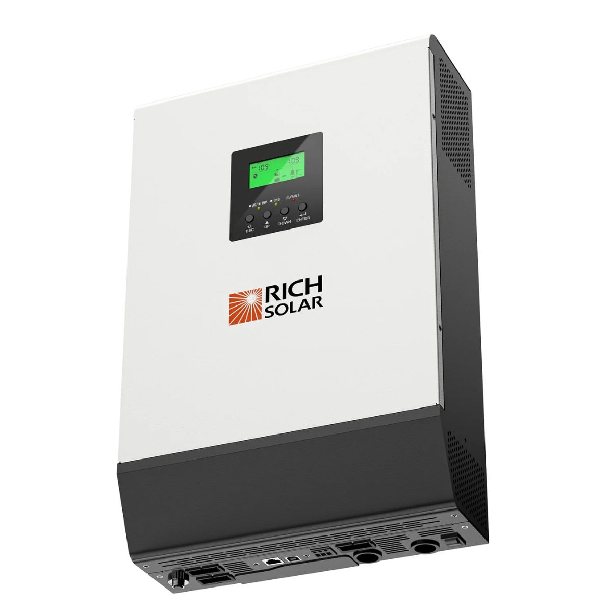 Slightly tilted diagonally view of Rich Solar RS-H2424 2400W Off-Grid Inverter dispalying the LCD display, Air flow vents and bottom ports