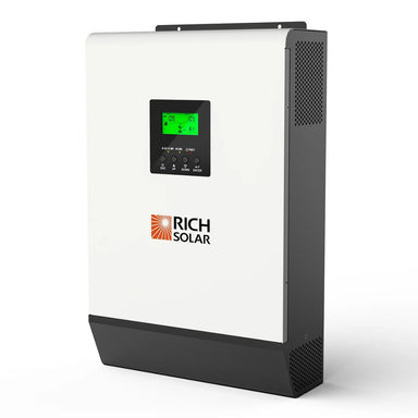 Rich Solar RS-H2424 2400W Off-Grid Inverter featuring its black and white color scheme with its front panel LCD display and air flow vent at the side panel