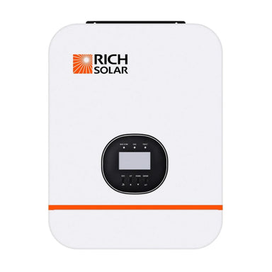 Rich Solar RS-H3048 3000W-48V Off-Grid Hybrid Solar Inverter displaying its white and orange color scheme with the Rich Solar logo at the upper left of the device. Also the LCD display at the center of the device