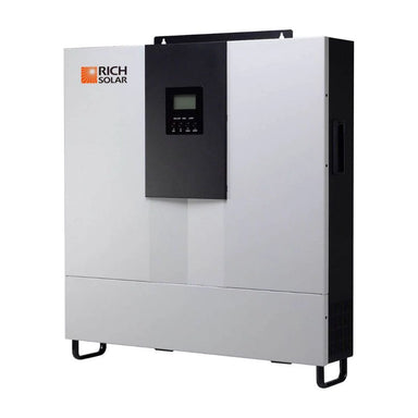 Rich Solar RS-H6048 6000W-48V  Off-grid Hybrid Split Phase Solar Inverter displaying its black and white color scheme and it LCD display above the Rich Solar design logo. Also, with the ports and switch at the bottom side of the product