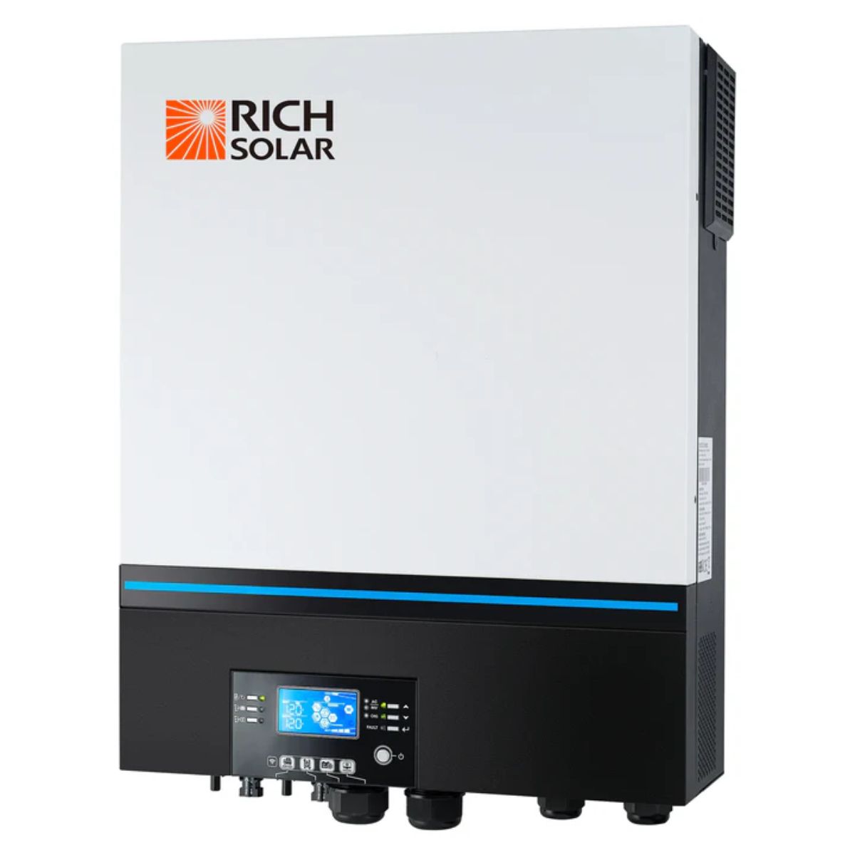 Rich Solar RS-H6548 6500 Watt (6.5KW) 48 Volt Off-Grid Hybrid Solar Inverter featuring its black and white color scheme with the Rich Solar logo at the upper left side of the device. Also, the device at the center at bottom side