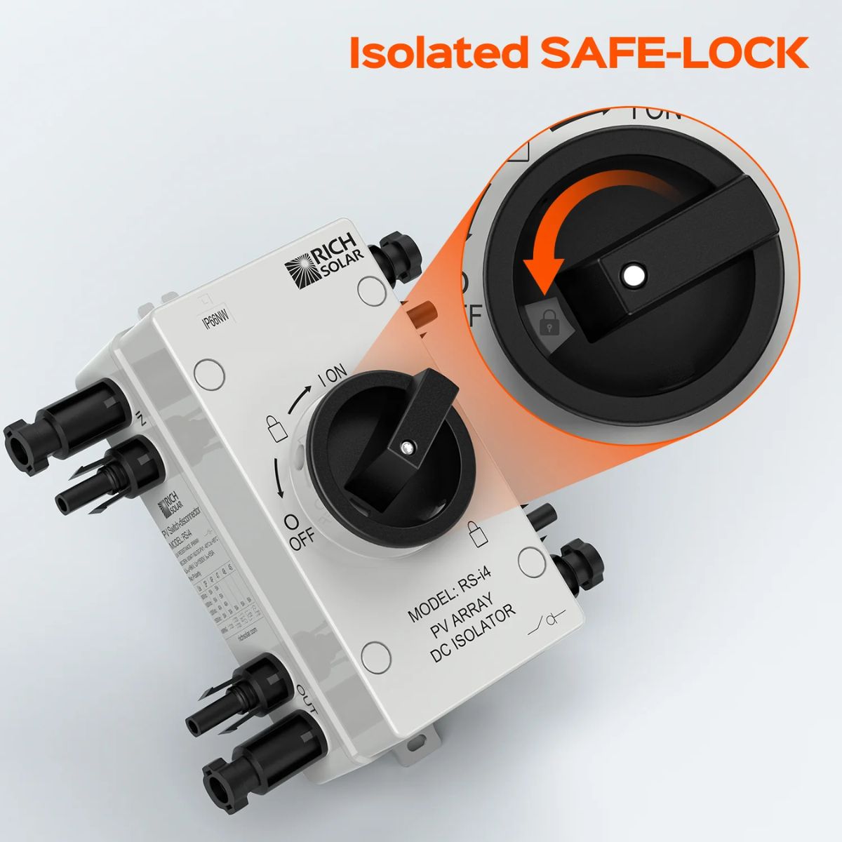 Rich Solar RS-i4 Solar Quick Disconnect Switch displaying its Isolated SAFE-LOCK feature