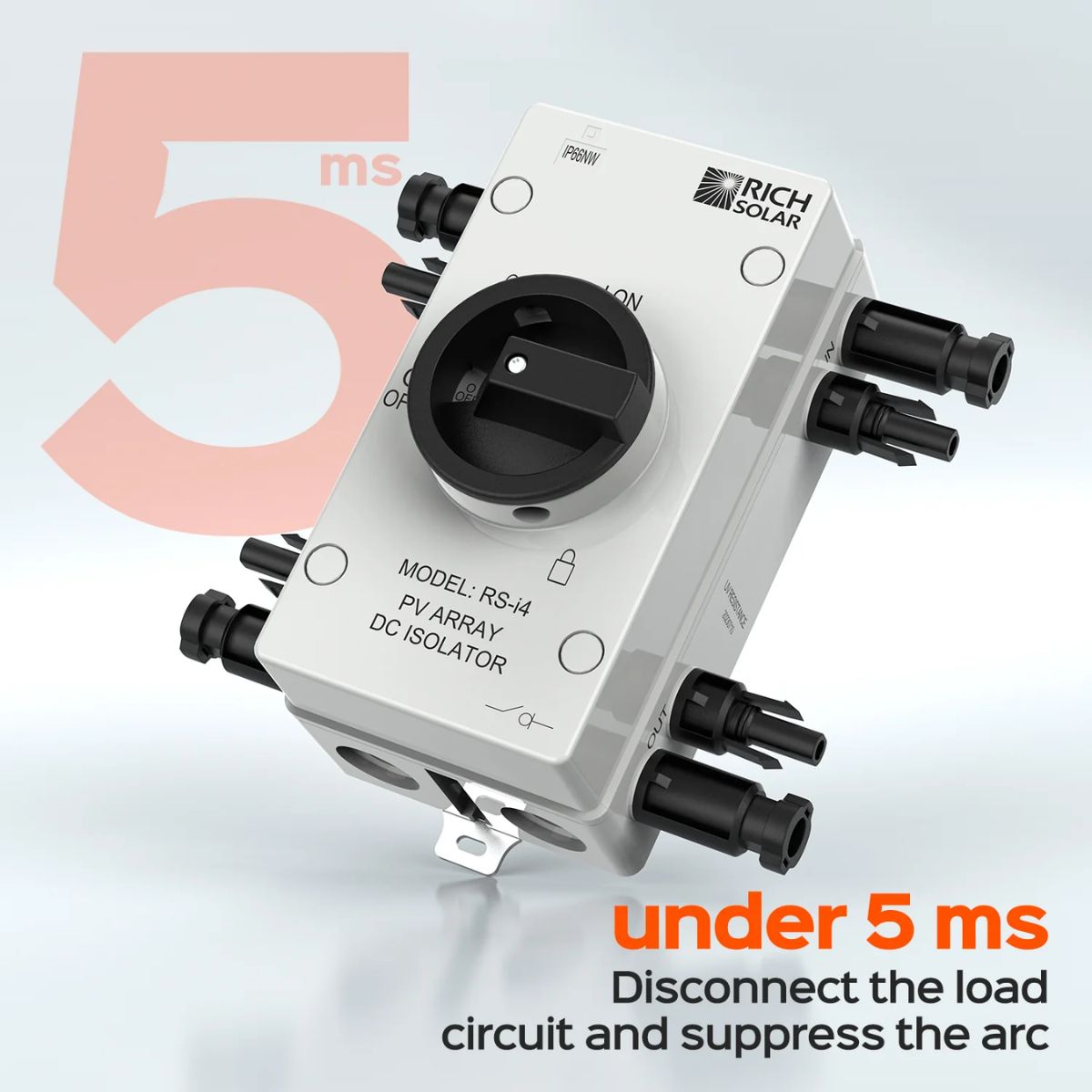 Rich Solar RS-i4 Solar Quick Disconnect Switch displaying how fast to disconnect the load circuit and suppress the arc