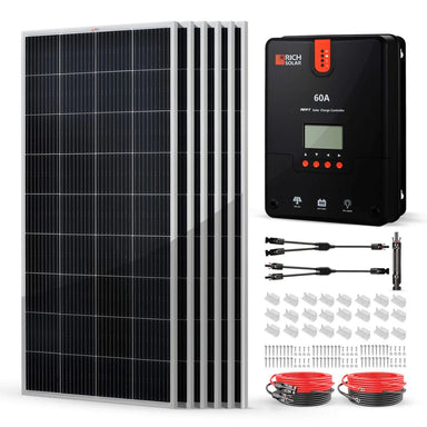 Rich Solar RS-K12004 1200W Solar Kit displaying its components like 60A MPPT Solar Charge Controller,  6 x 200 Watt Monocrystalline Solar Panel and its accessories