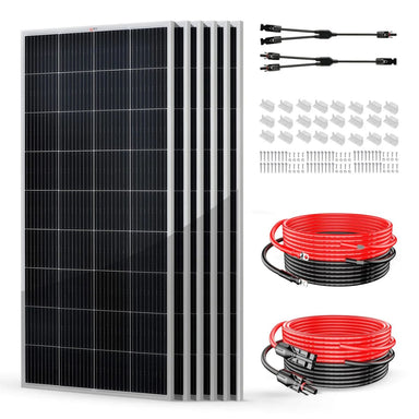 Rich Solar RS-K12004 1200W Solar Kit displaying its components without the solar charge controller and fuse