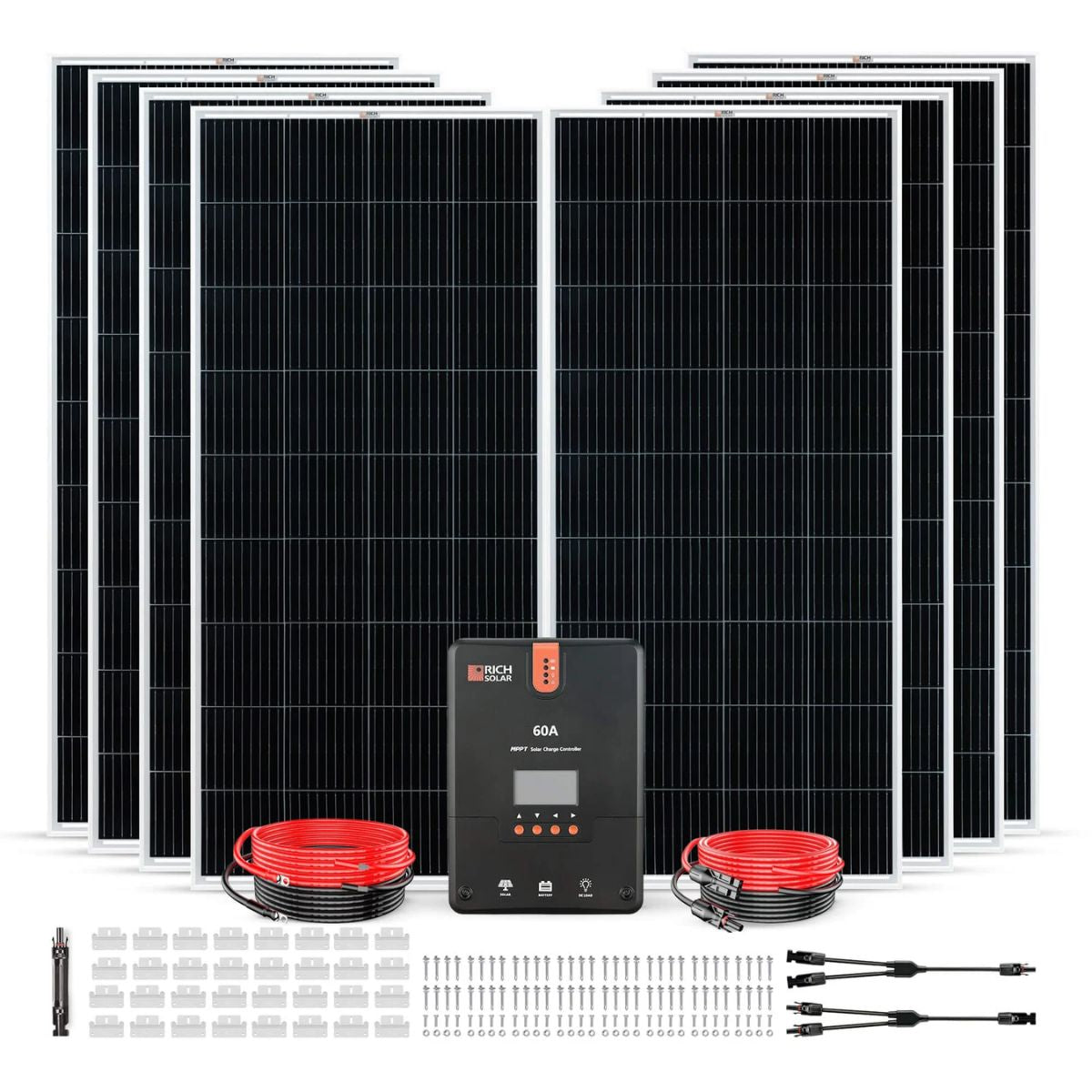 Rich Solar RS-K1660 1600 Watt Solar Kit featuring all of its product components