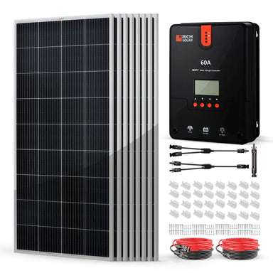 Rich Solar RS-K1660 1600 Watt Solar Kit featuring its 8 x 200W 12V Panels, 60A MPPT Charge Controller, and other accesories